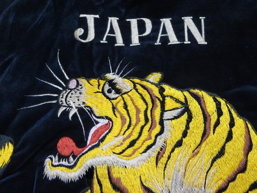 Tailor Toyo Japanese Souvenir Jacket - Men's Mid-1950s Reproduction Sukajan - Reversible, Velvet and Quilted Satin - TT15792-128 Roaring Tiger x Japan Map Dark Navy x Black