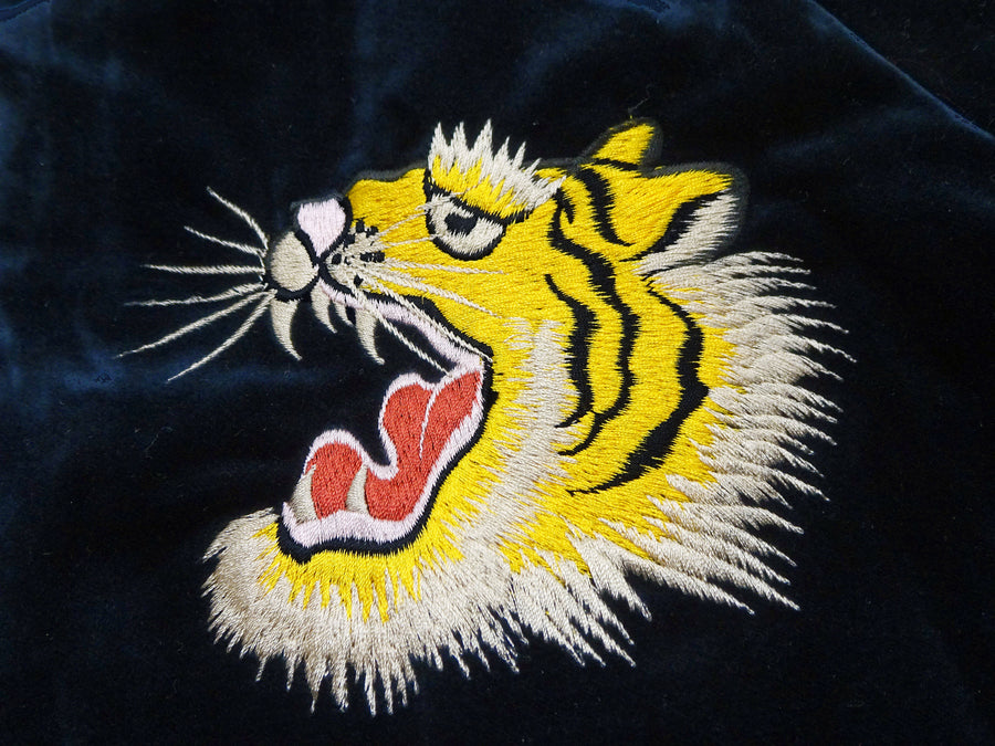 Tailor Toyo Japanese Souvenir Jacket - Men's Mid-1950s Reproduction Sukajan - Reversible, Velvet and Quilted Satin - TT15792-128 Roaring Tiger x Japan Map Dark Navy x Black