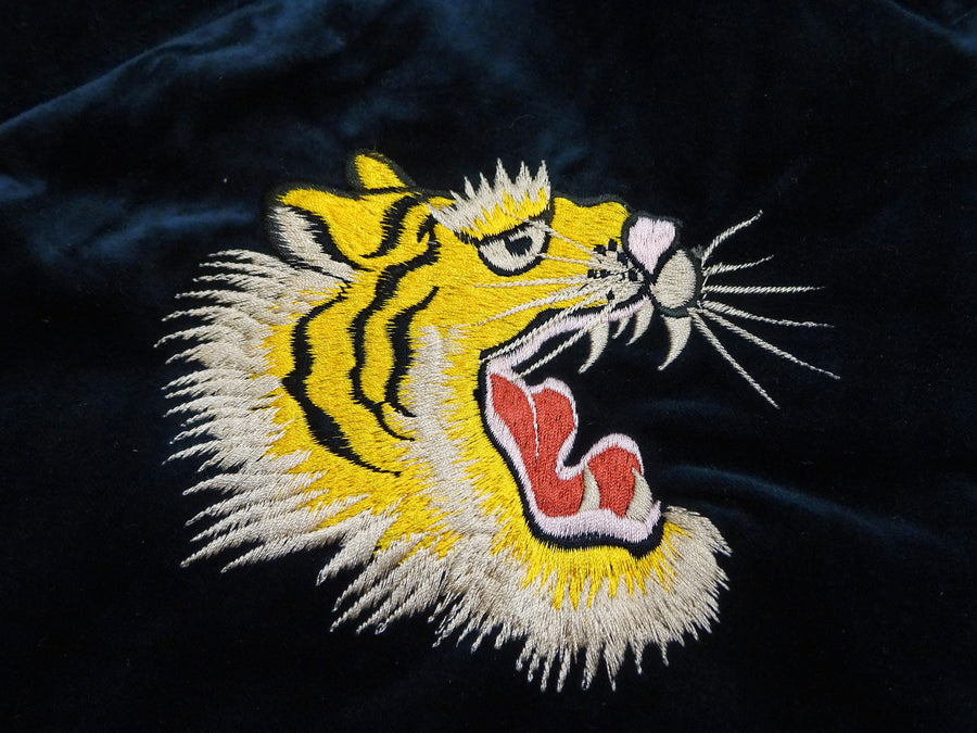 Tailor Toyo Japanese Souvenir Jacket - Men's Mid-1950s Reproduction Sukajan - Reversible, Velvet and Quilted Satin - TT15792-128 Roaring Tiger x Japan Map Dark Navy x Black