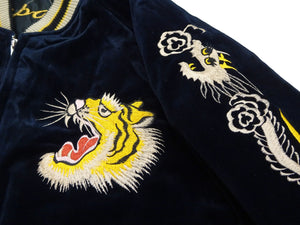 Tailor Toyo Japanese Souvenir Jacket - Men's Mid-1950s Reproduction Sukajan - Reversible, Velvet and Quilted Satin - TT15792-128 Roaring Tiger x Japan Map Dark Navy x Black
