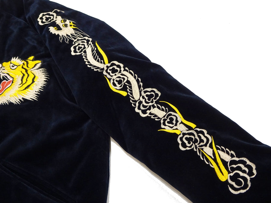 Tailor Toyo Japanese Souvenir Jacket - Men's Mid-1950s Reproduction Sukajan - Reversible, Velvet and Quilted Satin - TT15792-128 Roaring Tiger x Japan Map Dark Navy x Black