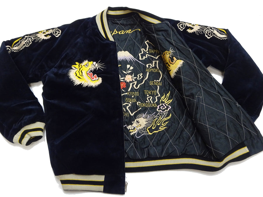 Tailor Toyo Japanese Souvenir Jacket - Men's Mid-1950s Reproduction Sukajan - Reversible, Velvet and Quilted Satin - TT15792-128 Roaring Tiger x Japan Map Dark Navy x Black