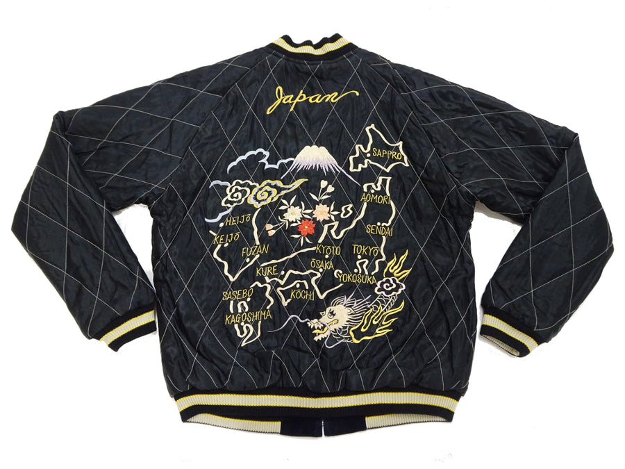 Tailor Toyo Japanese Souvenir Jacket - Men's Mid-1950s Reproduction Sukajan - Reversible, Velvet and Quilted Satin - TT15792-128 Roaring Tiger x Japan Map Dark Navy x Black