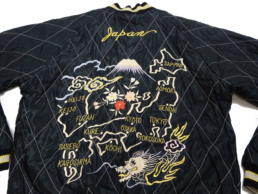 Tailor Toyo Japanese Souvenir Jacket - Men's Mid-1950s Reproduction Sukajan - Reversible, Velvet and Quilted Satin - TT15792-128 Roaring Tiger x Japan Map Dark Navy x Black
