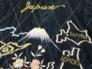 Tailor Toyo Japanese Souvenir Jacket - Men's Mid-1950s Reproduction Sukajan - Reversible, Velvet and Quilted Satin - TT15792-128 Roaring Tiger x Japan Map Dark Navy x Black
