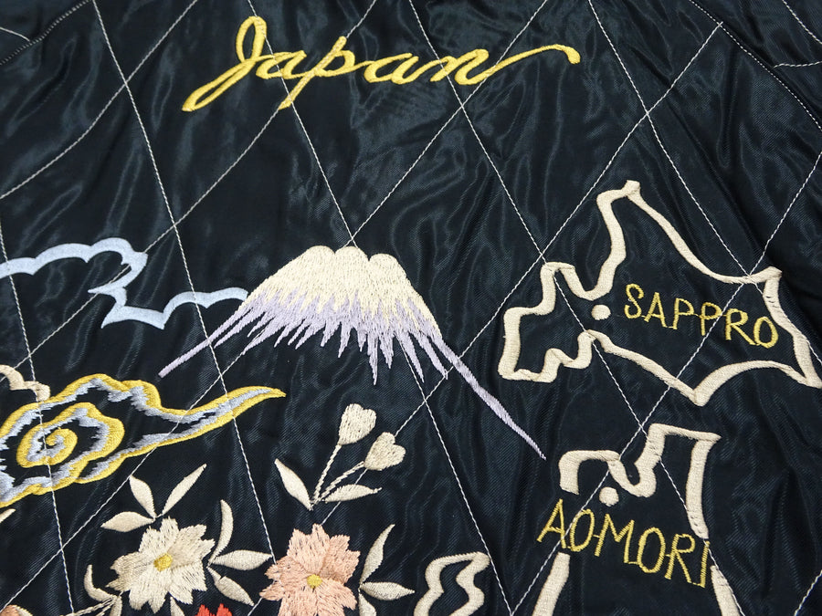 Tailor Toyo Japanese Souvenir Jacket - Men's Mid-1950s Reproduction Sukajan - Reversible, Velvet and Quilted Satin - TT15792-128 Roaring Tiger x Japan Map Dark Navy x Black