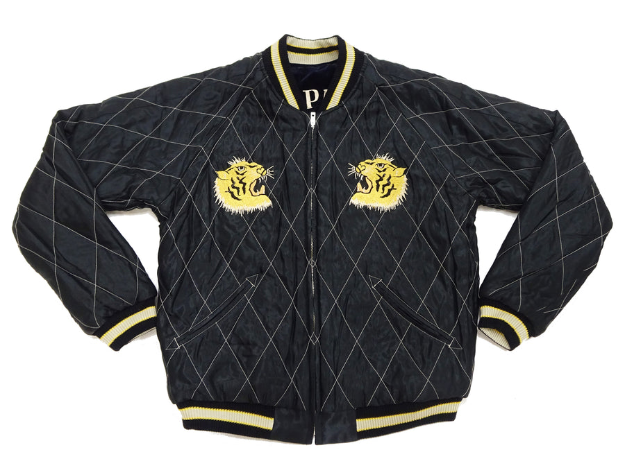 Tailor Toyo Japanese Souvenir Jacket - Men's Mid-1950s Reproduction Sukajan - Reversible, Velvet and Quilted Satin - TT15792-128 Roaring Tiger x Japan Map Dark Navy x Black