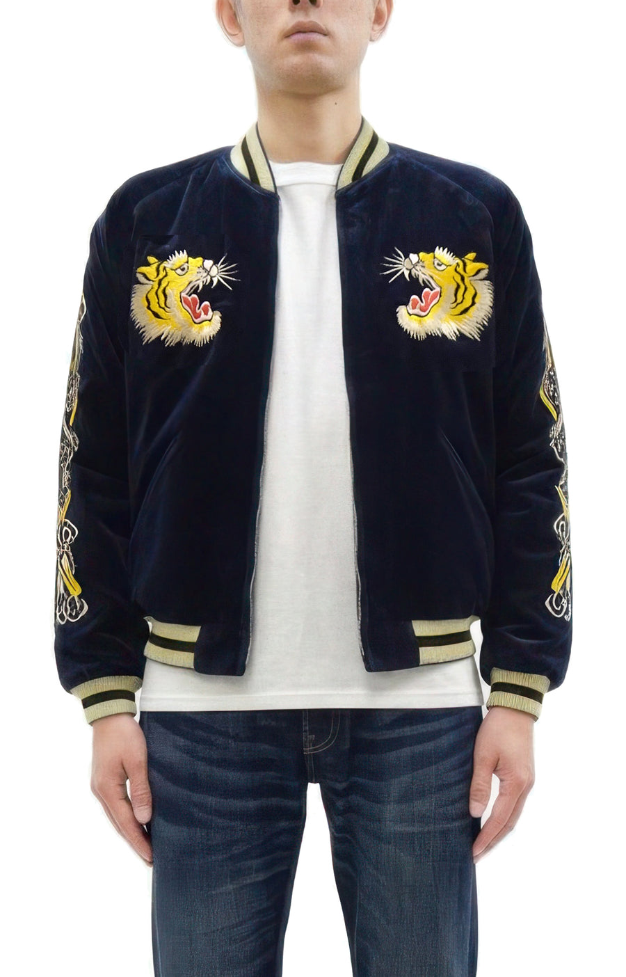 Tailor Toyo Japanese Souvenir Jacket - Men's Mid-1950s Reproduction Sukajan - Reversible, Velvet and Quilted Satin - TT15792-128 Roaring Tiger x Japan Map Dark Navy x Black