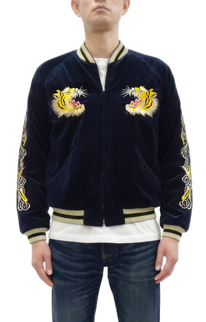 Tailor Toyo Japanese Souvenir Jacket - Men's Mid-1950s Reproduction Sukajan - Reversible, Velvet and Quilted Satin - TT15792-128 Roaring Tiger x Japan Map Dark Navy x Black