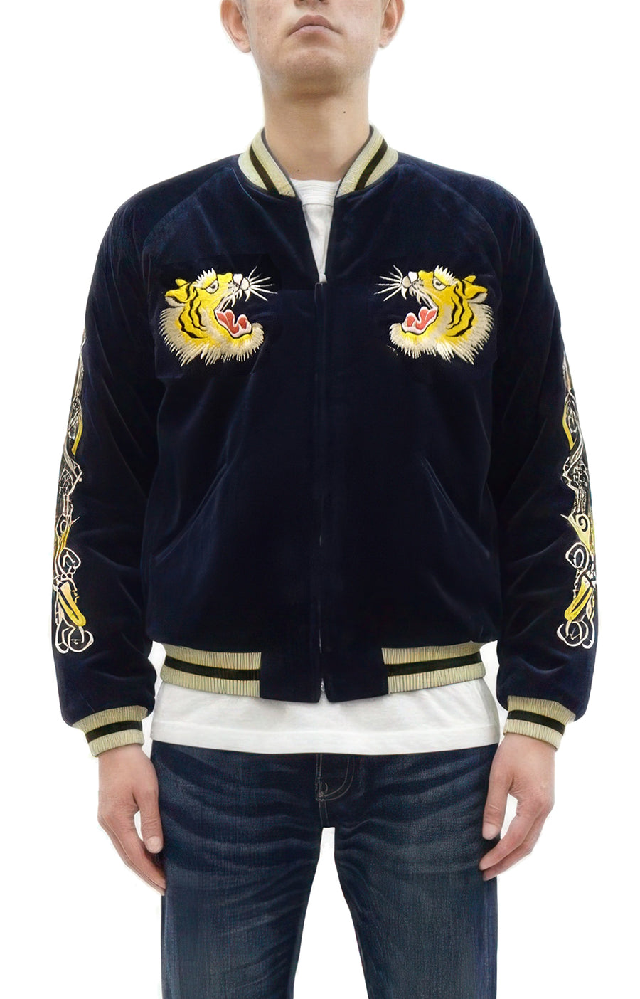 Tailor Toyo Japanese Souvenir Jacket - Men's Mid-1950s Reproduction Sukajan - Reversible, Velvet and Quilted Satin - TT15792-128 Roaring Tiger x Japan Map Dark Navy x Black