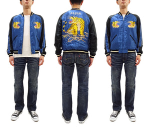Tailor Toyo Men's Sukajan Jacket, Early 1950s Style Reversible Acetate Souvenir Jacket, Eagle x Roaring Tiger Embroidery, Black/Ivory x Blue/Black TT15972-119