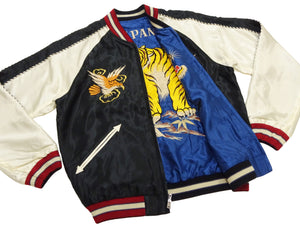 Tailor Toyo Men's Sukajan Jacket, Early 1950s Style Reversible Acetate Souvenir Jacket, Eagle x Roaring Tiger Embroidery, Black/Ivory x Blue/Black TT15972-119