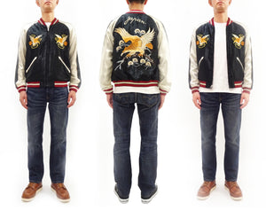 Tailor Toyo Men's Sukajan Jacket, Early 1950s Style Reversible Acetate Souvenir Jacket, Eagle x Roaring Tiger Embroidery, Black/Ivory x Blue/Black TT15972-119