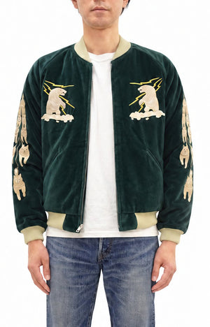 Tailor Toyo Men's 1950s Style Reversible Sukajan Souvenir Jacket, Cotton Velveteen and Quilted Acetate Satin, Insulated, Polar Bear and Alaska Map Embroidery (TT15974-145, Green)
