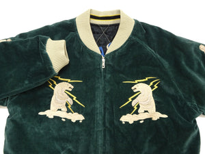 Tailor Toyo Men's 1950s Style Reversible Sukajan Souvenir Jacket, Cotton Velveteen and Quilted Acetate Satin, Insulated, Polar Bear and Alaska Map Embroidery (TT15974-145, Green)
