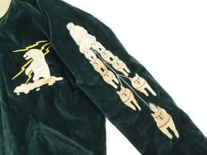 Tailor Toyo Men's 1950s Style Reversible Sukajan Souvenir Jacket, Cotton Velveteen and Quilted Acetate Satin, Insulated, Polar Bear and Alaska Map Embroidery (TT15974-145, Green)