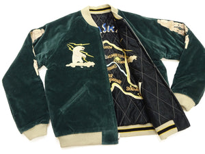 Tailor Toyo Men's 1950s Style Reversible Sukajan Souvenir Jacket, Cotton Velveteen and Quilted Acetate Satin, Insulated, Polar Bear and Alaska Map Embroidery (TT15974-145, Green)