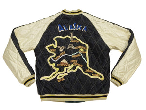 Tailor Toyo Men's 1950s Style Reversible Sukajan Souvenir Jacket, Cotton Velveteen and Quilted Acetate Satin, Insulated, Polar Bear and Alaska Map Embroidery (TT15974-145, Green)