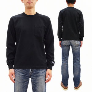 Whitesville Men's Long-Sleeve Pocket T-Shirt, 100% Cotton Tubular Jersey, Binder Crew Neck, Ribbed Cuffs, One-Wash Finish, Made in Japan (WV68849 119 Black)