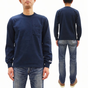 Whitesville Men's Long-Sleeve Pocket T-Shirt, 100% Cotton Tubular Jersey, Binder Crew Neck, Ribbed Cuffs, One-Wash Finish, Made in Japan (WV68849 128 Navy)