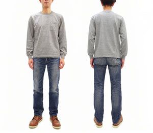 Whitesville Men's Long-Sleeve Pocket T-Shirt, 100% Cotton Tubular Jersey, Binder Crew Neck, Ribbed Cuffs, One-Wash Finish, Made in Japan (WV68849 113 Heather Gray)