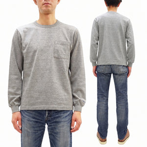Whitesville Men's Long-Sleeve Pocket T-Shirt, 100% Cotton Tubular Jersey, Binder Crew Neck, Ribbed Cuffs, One-Wash Finish, Made in Japan (WV68849 113 Heather Gray)