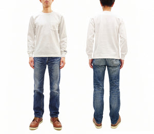 Whitesville Men's Long-Sleeve Pocket T-Shirt, 100% Cotton Tubular Jersey, Binder Crew Neck, Ribbed Cuffs, One-Wash Finish, Made in Japan (WV68849 105 Off-White)