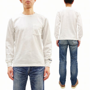 Whitesville Men's Long-Sleeve Pocket T-Shirt, 100% Cotton Tubular Jersey, Binder Crew Neck, Ribbed Cuffs, One-Wash Finish, Made in Japan (WV68849 105 Off-White)