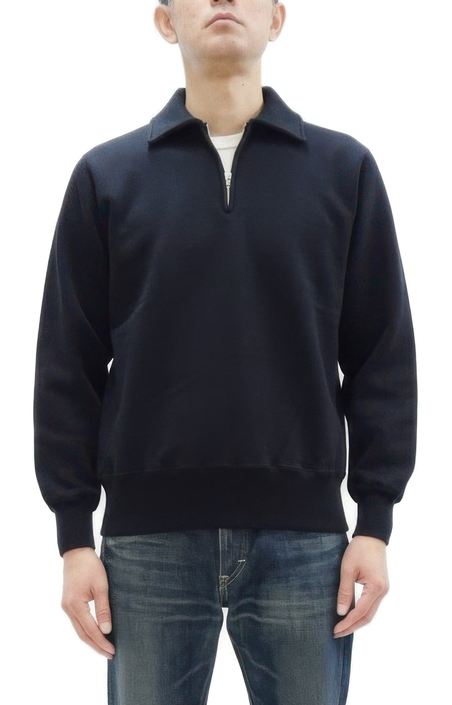 Whitesville Men's Collared Half-Zip Sweatshirt - Heavyweight Loopwheel Fleece, Made in Japan, Vintage-Inspired Athletic Wear (Toyo Enterprises WV69641 119 Black)