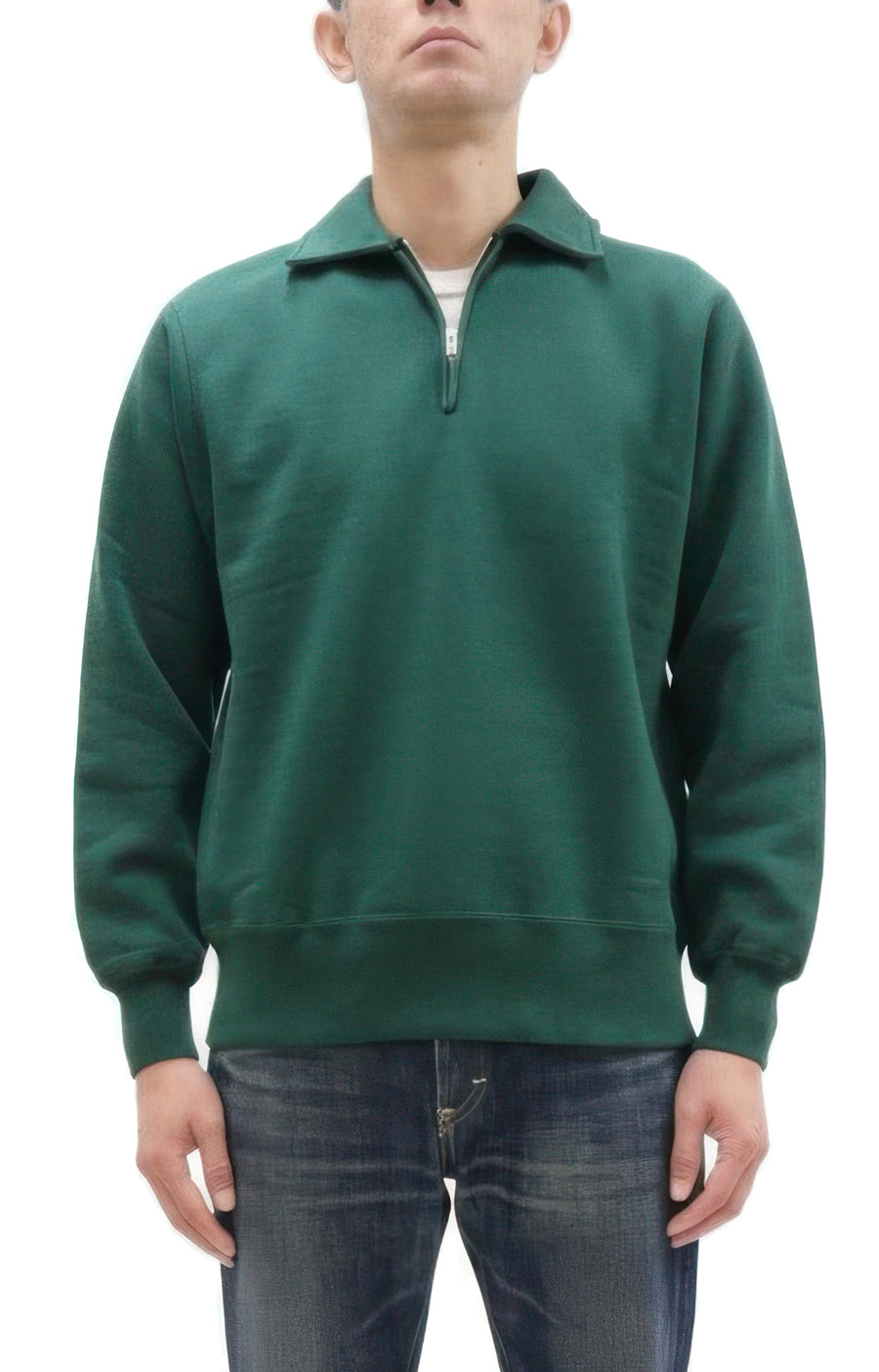 Whitesville Men's Collared Half-Zip Sweatshirt - Heavyweight Loopwheel Fleece, Made in Japan, Vintage-Inspired Athletic Wear (Toyo Enterprises WV69641 145 Green)