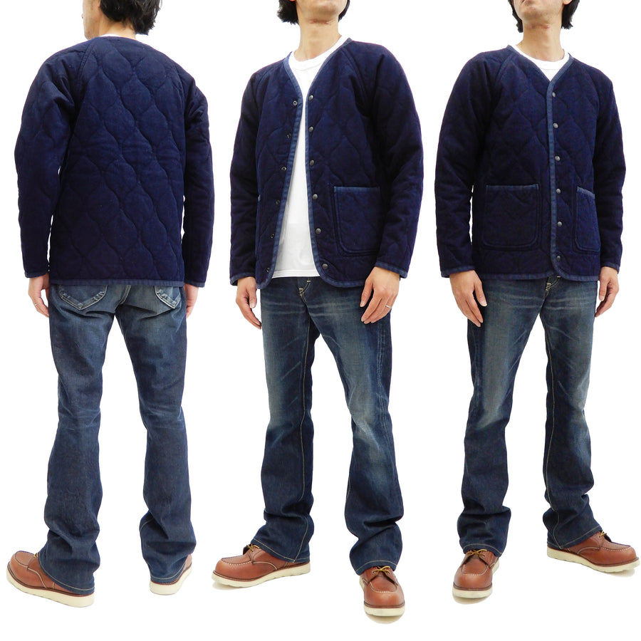 Momotaro Jeans Collarless Jacket Men's Quilted & Padded No Collar Jacket with Edge Piping 03-138