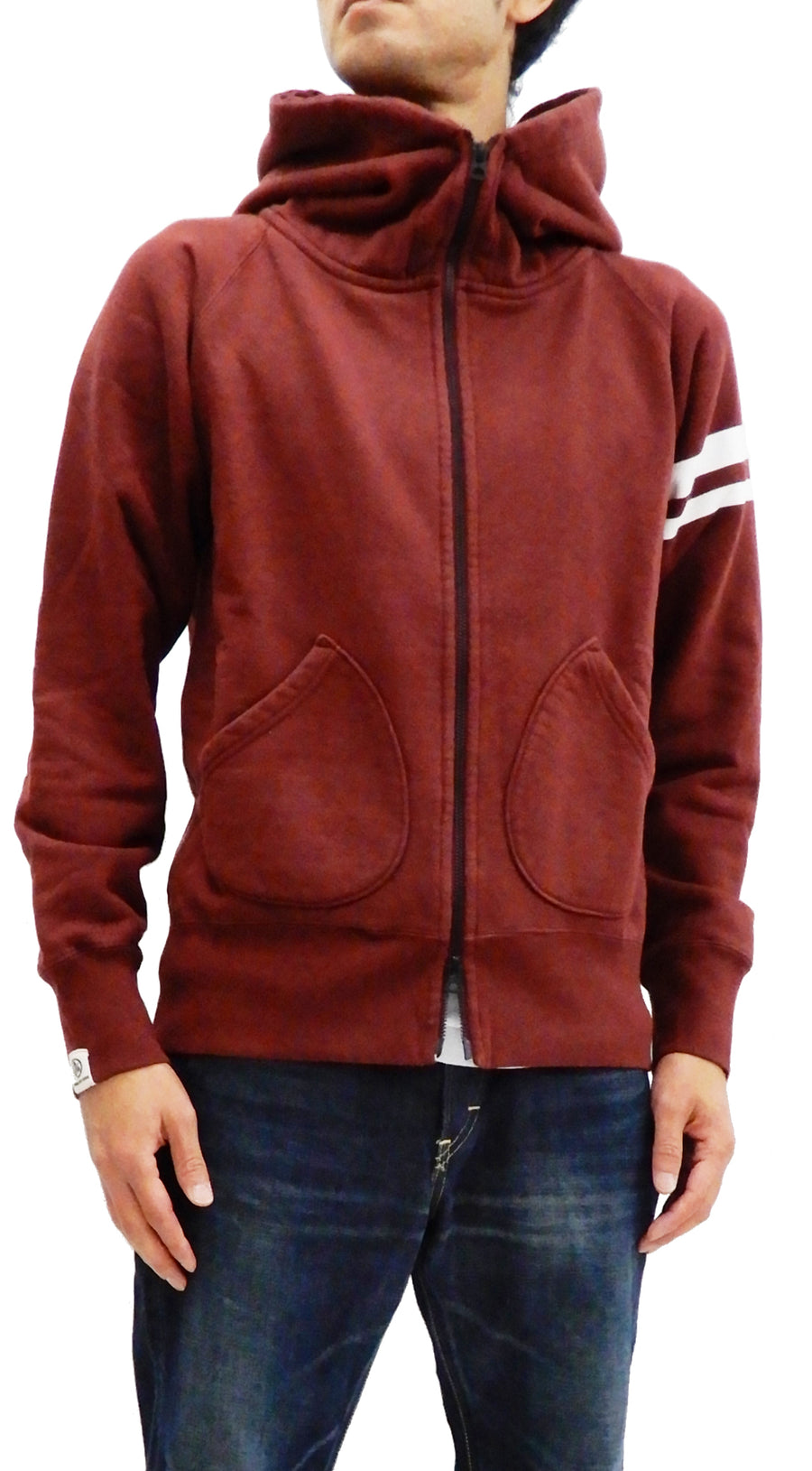 Momotaro Jeans Hoodie Men's High Neck Zip-Up Hooded Sweatshirt with GTB 07-044 Burgundy