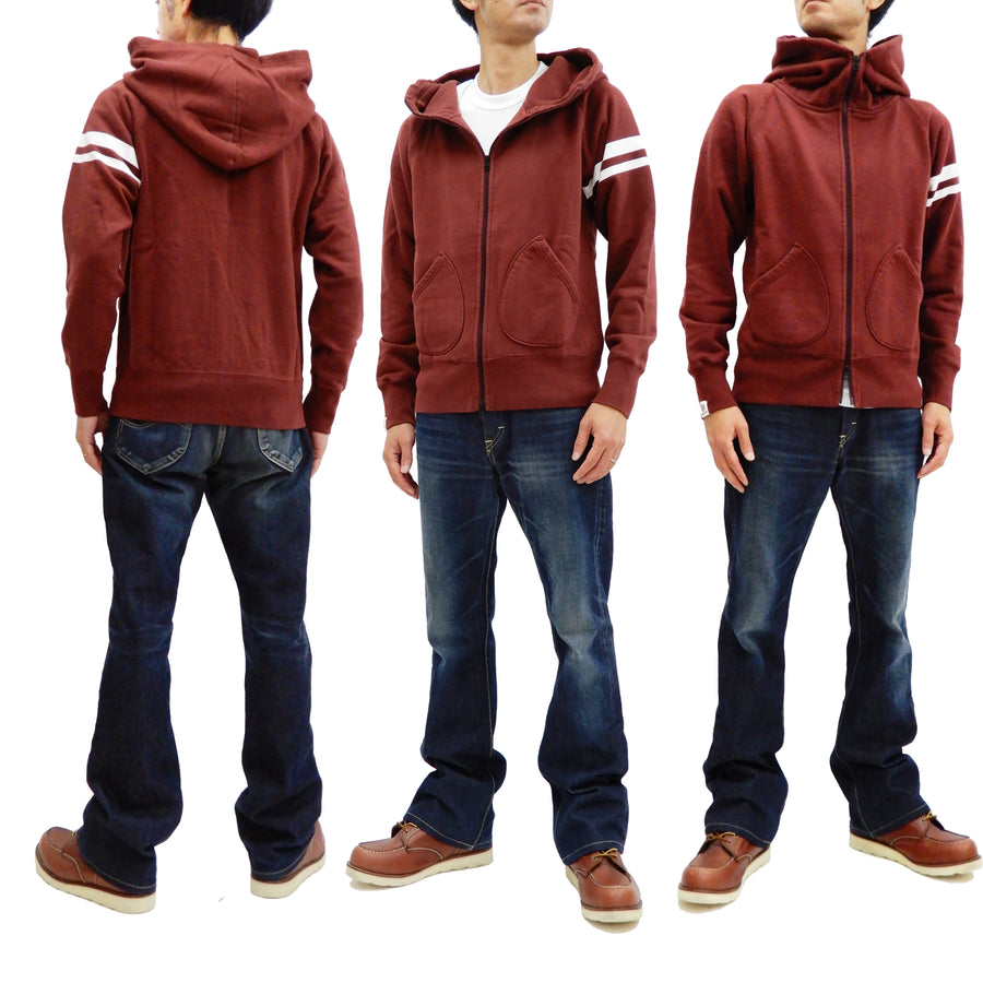 Momotaro Jeans Hoodie Men's High Neck Zip-Up Hooded Sweatshirt with GTB 07-044 Burgundy