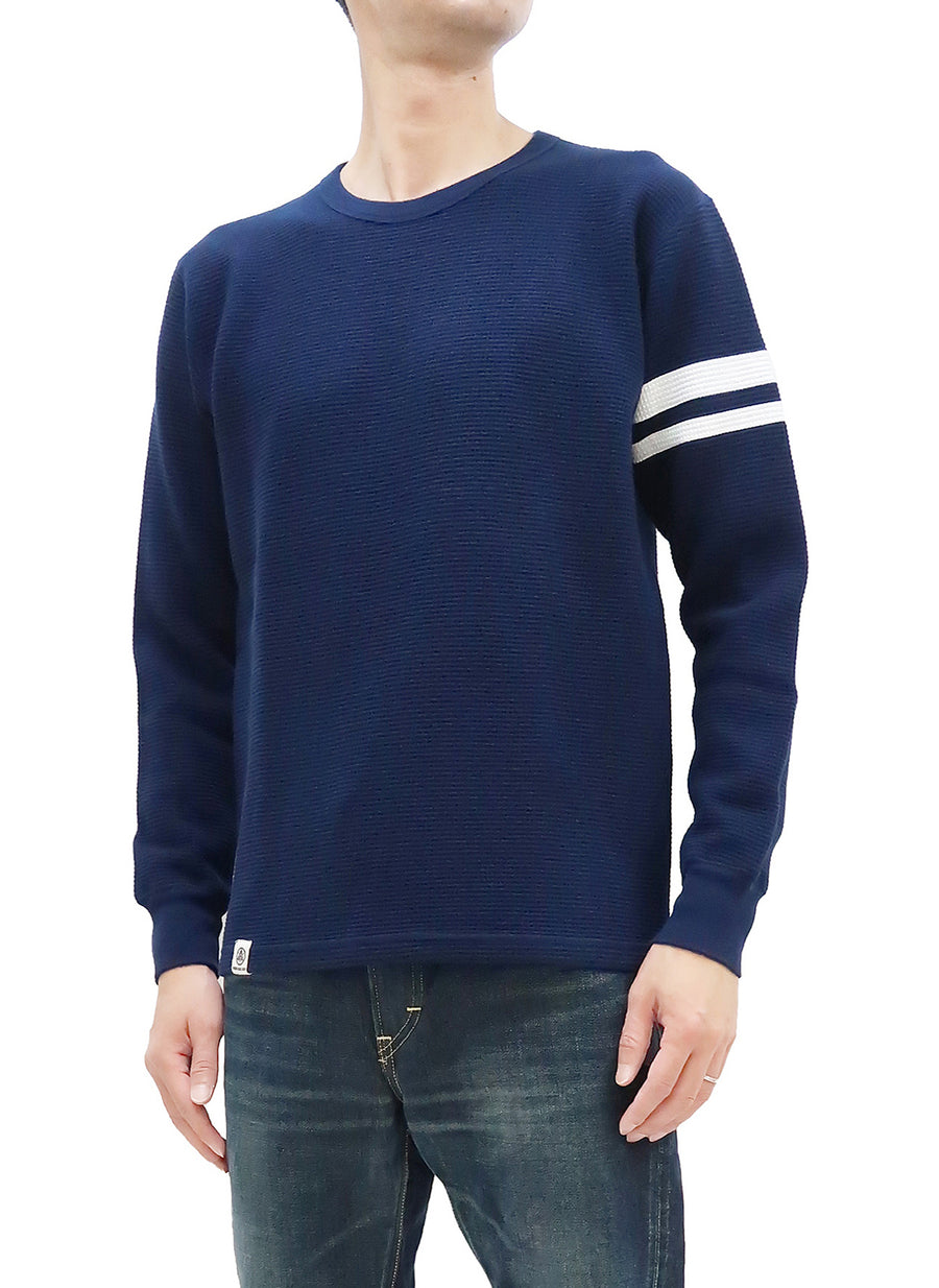 Momotaro Jeans Waffle Shirt Men's Long Sleeve Waffle-Knit Thermal T-Shirt with Stripe MZTS0079 Navy-Blue
