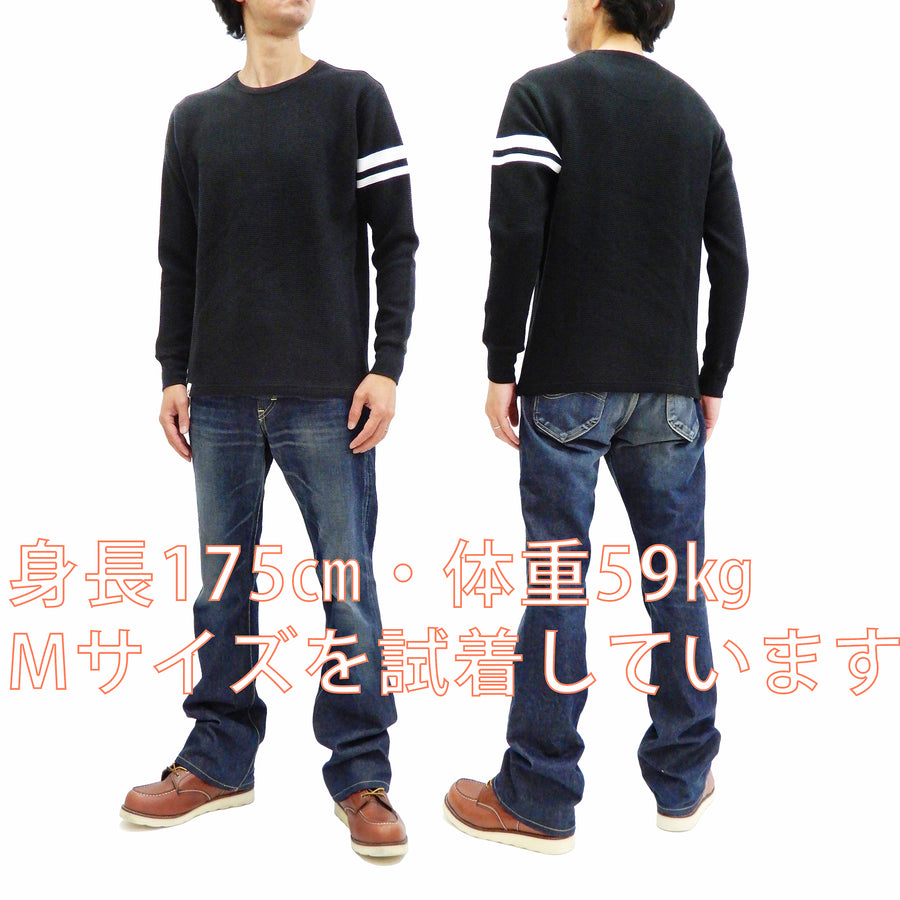 Momotaro Jeans Waffle Shirt Men's Long Sleeve Waffle-Knit Thermal T-Shirt with Stripe MZTS0079 Black