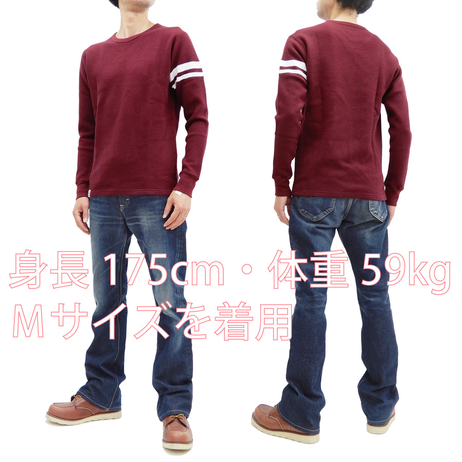 Momotaro Jeans Waffle Shirt Men's Long Sleeve Waffle-Knit Thermal T-Shirt with Stripe MZTS0079 Burgundy