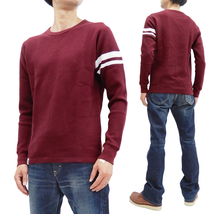 Momotaro Jeans Men's Long Sleeve Waffle-Knit Thermal T-Shirt with Stripe 07-079 Burgundy