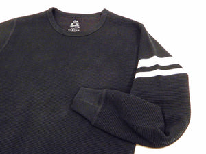 Momotaro Jeans Waffle Shirt Men's Long Sleeve Waffle-Knit Thermal T-Shirt with Stripe MZTS0079 Black