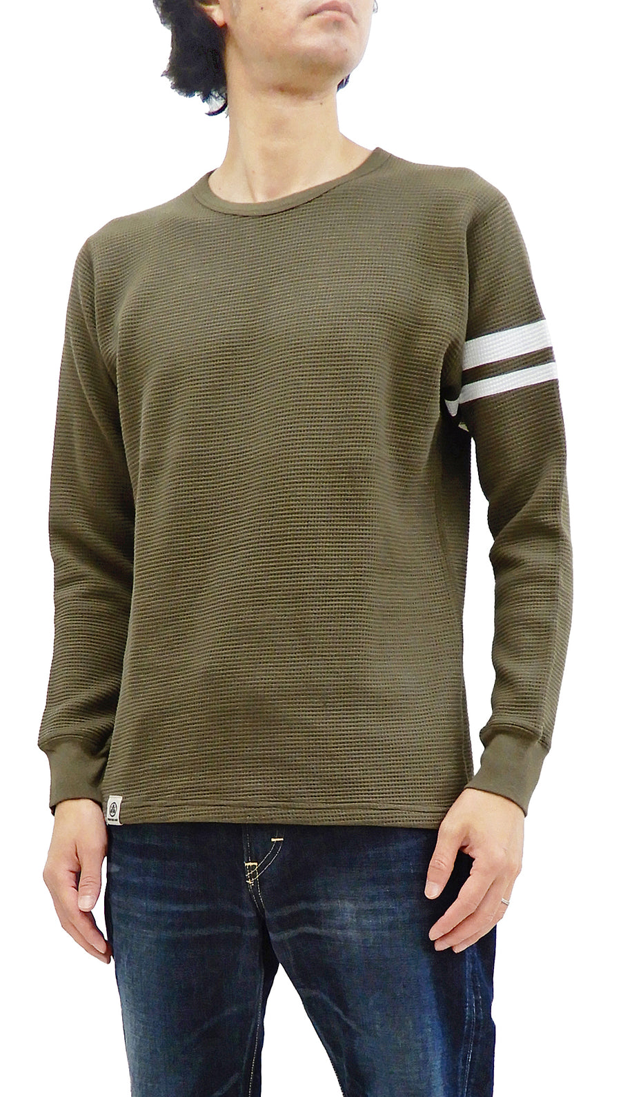 Momotaro Jeans Waffle Shirt Men's Long Sleeve Waffle-Knit Thermal T-Shirt with Stripe MZTS0079 OD Olive-Green