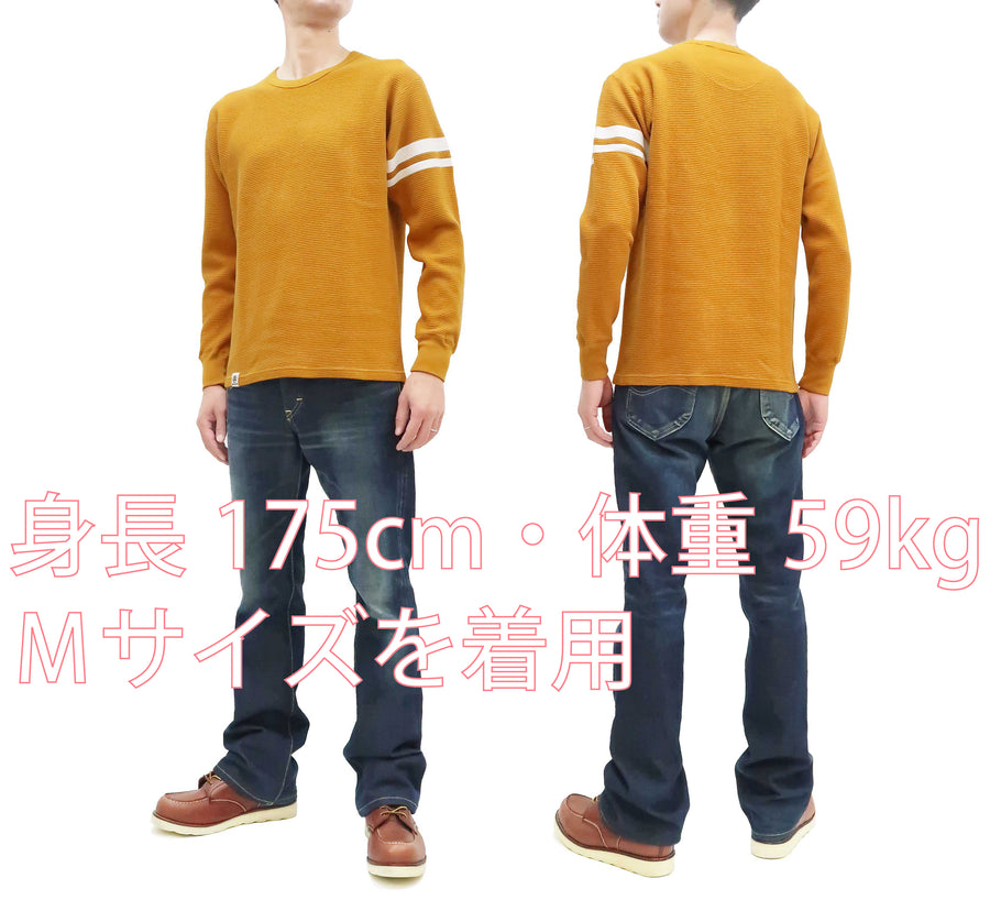 Momotaro Jeans Waffle Shirt Men's Long Sleeve Waffle-Knit Thermal T-Shirt with Stripe MZTS0079 Mustard