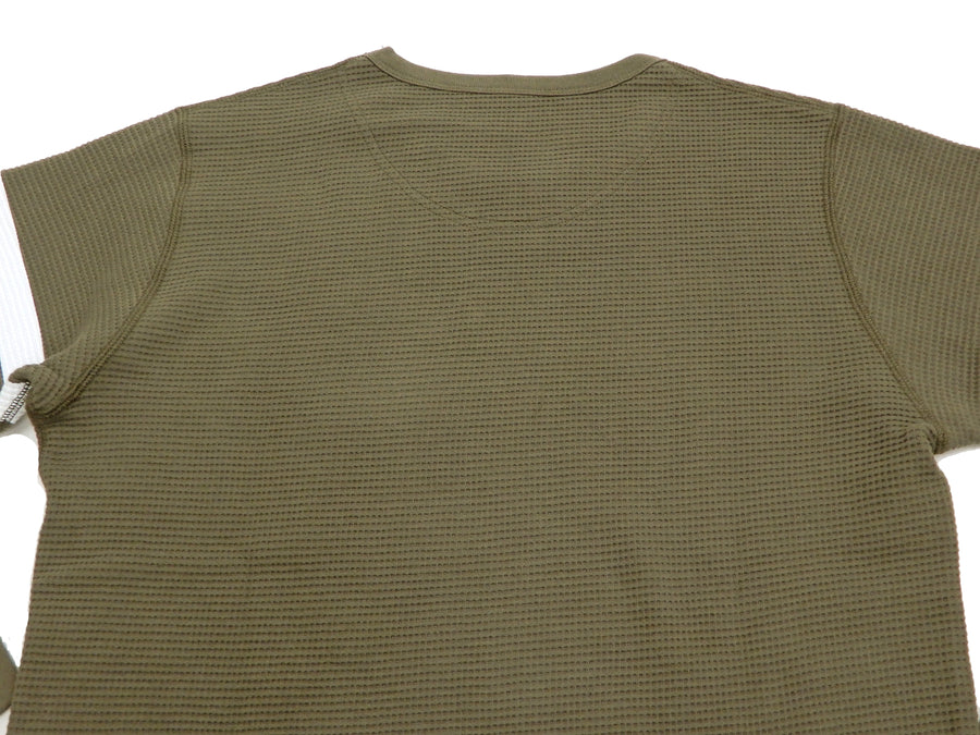 Momotaro Jeans Waffle Shirt Men's Long Sleeve Waffle-Knit Thermal T-Shirt with Stripe MZTS0079 OD Olive-Green