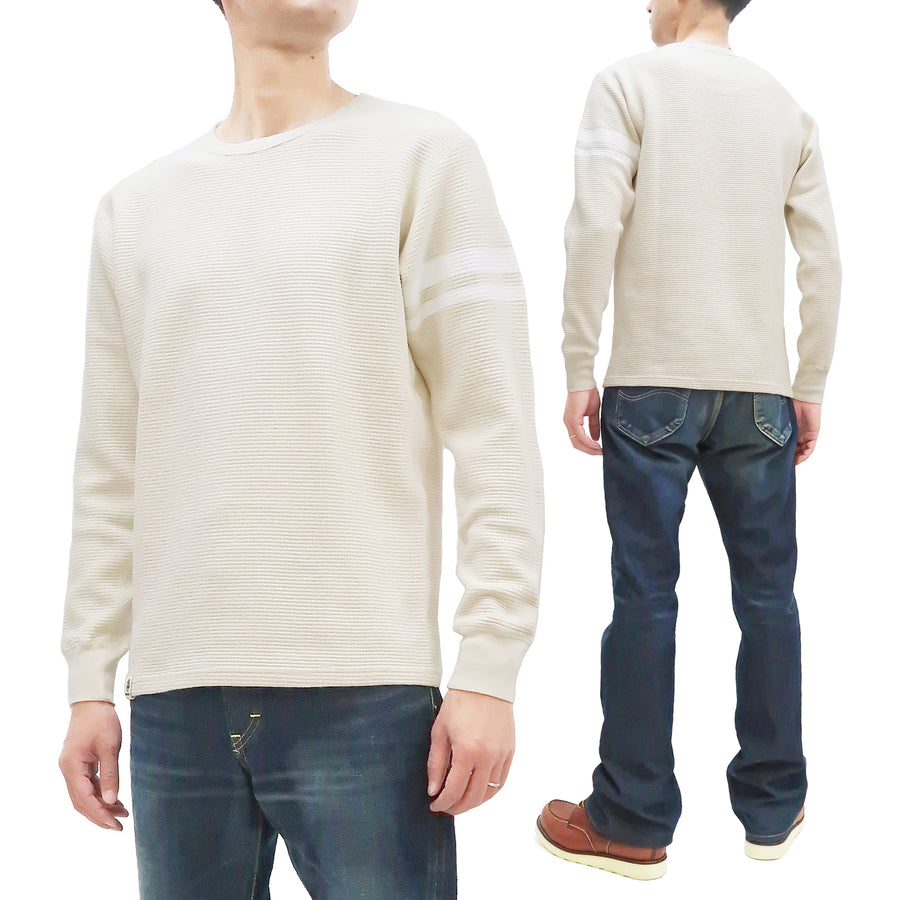 Momotaro Jeans Waffle Shirt Men's Long Sleeve Waffle-Knit Thermal T-Shirt with Stripe MZTS0079 Natural