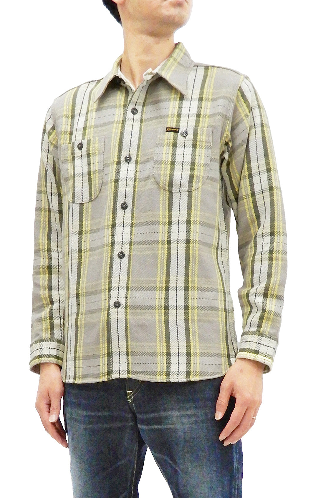 Pherrow's Plaid Flannel Shirt Mens Long Sleeve Checked Button Up Shirt  21W-720WS Beige/Yellow