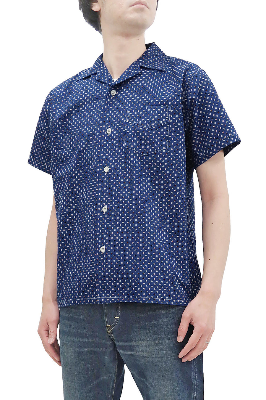 Pherrow's Shirt Men's Short Sleeve Small Polka Dot Print Indigo
