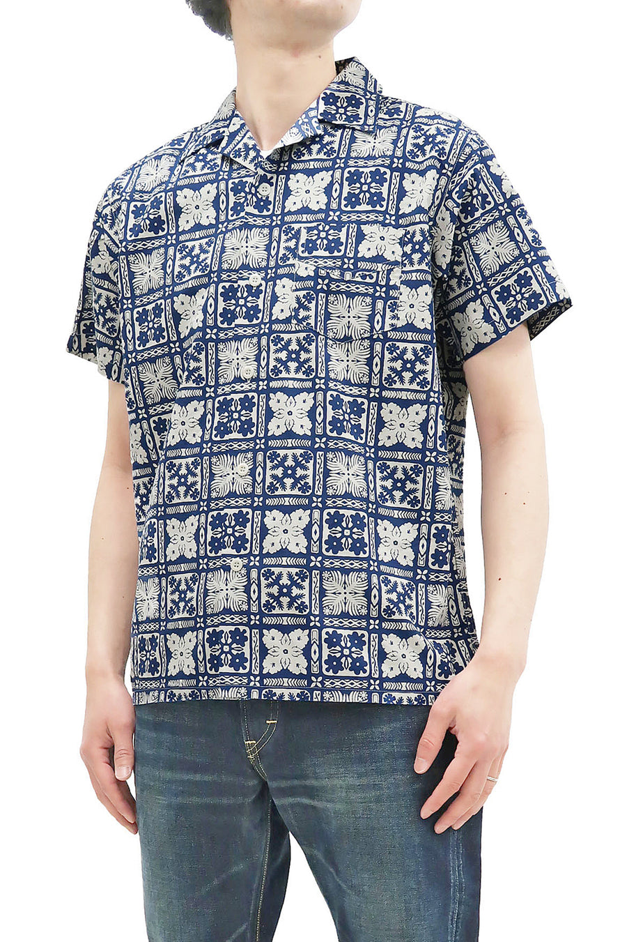 Pherrow's Shirt Men's Short Sleeve Hawaiian Pattern Print Indigo