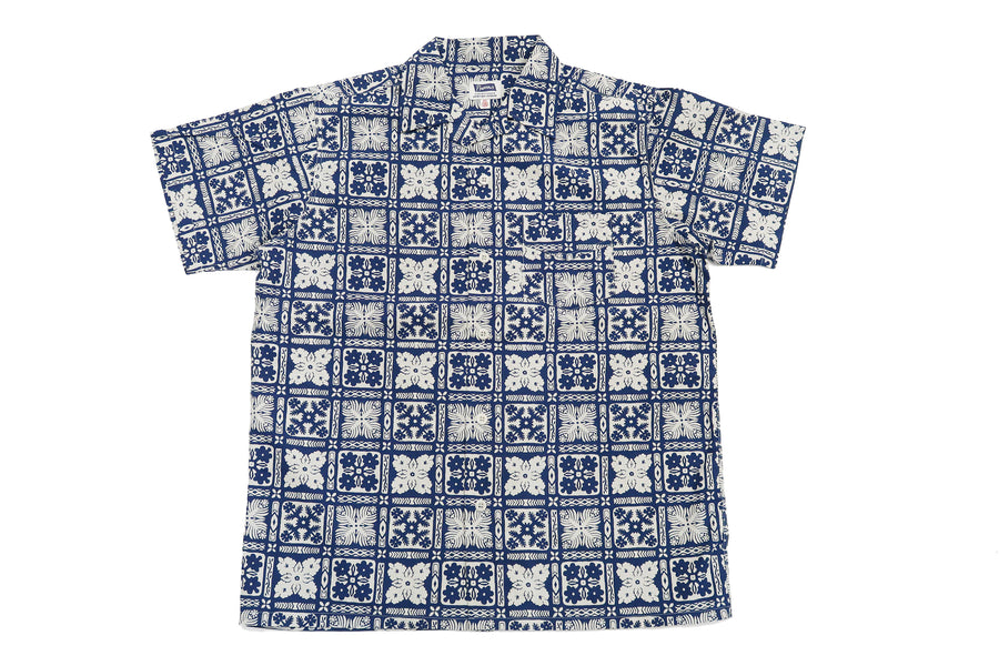 Pherrow's Shirt Men's Short Sleeve Hawaiian Pattern Print Indigo Casual Resort Collar Shirt Pherrows 22S-PIS1