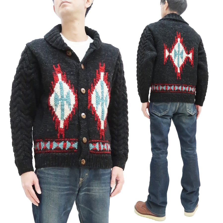 Pherrow's Button Front Cardigan Men's Shawl-Collar Wool Sweater Hand Knitted In Nepal Pherrows 22W-PNS-CARDIGAN Black