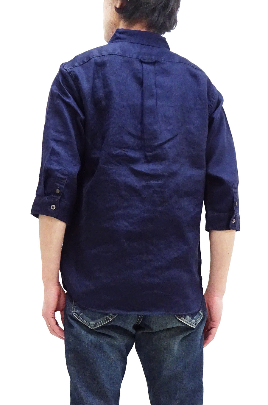 Pherrow's Men's Casual Plain 3/4 Sleeve Linen Shirt with a Button-Down Collar Pherrows 23S-P7BD1 Navy-blue