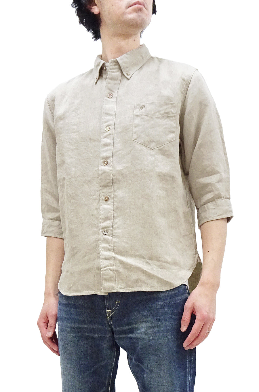 Pherrow's Men's Casual Plain 3/4 Sleeve Linen Shirt with a Button