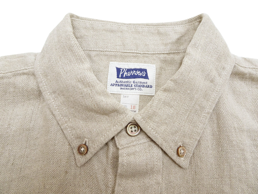 Pherrow's Men's Casual Plain 3/4 Sleeve Linen Shirt with a Button-Down Collar Pherrows 23S-P7BD1 Beige